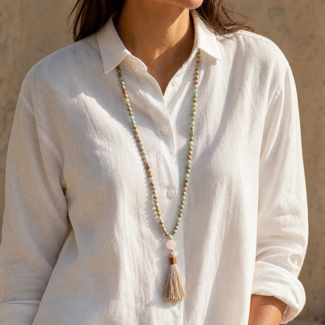 108-Bead Mala Necklace in Aqua Terra Jasper, Amazonite & Rose Quartz
