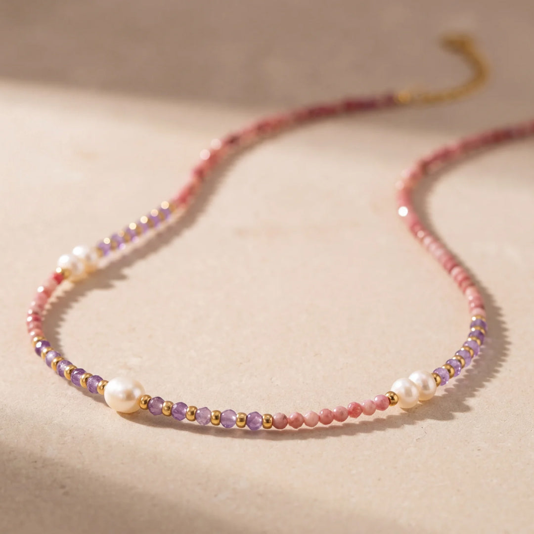 "Sparkle of Serenity" Necklace in Rhodonite, Amethyst & Freshwater Pearls