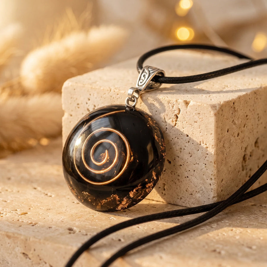 "Golden Spiral" Orgonite Pendant in Black Obsidian