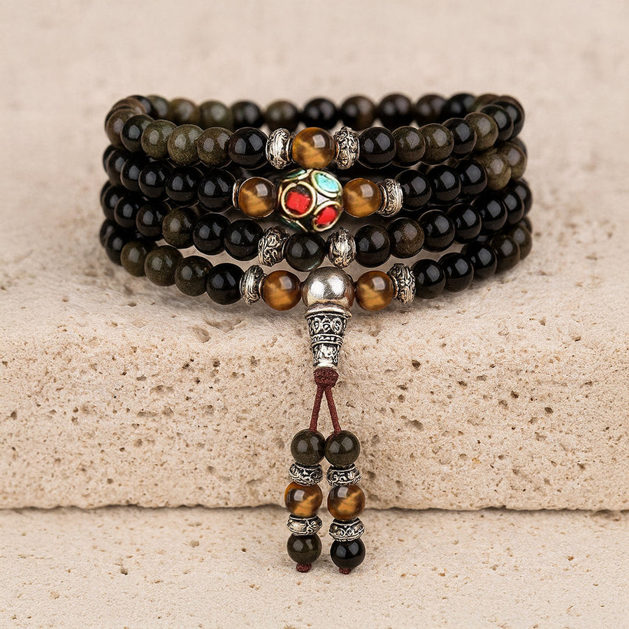 108-Bead Mala Bracelet in Black & Golden Obsidian