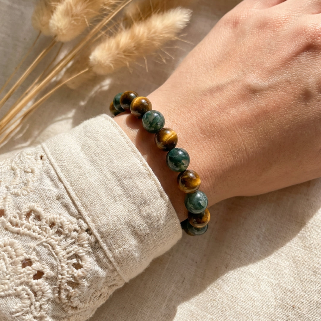 "Balance & Protection" Bracelet in Tiger's Eye & Moss Agate