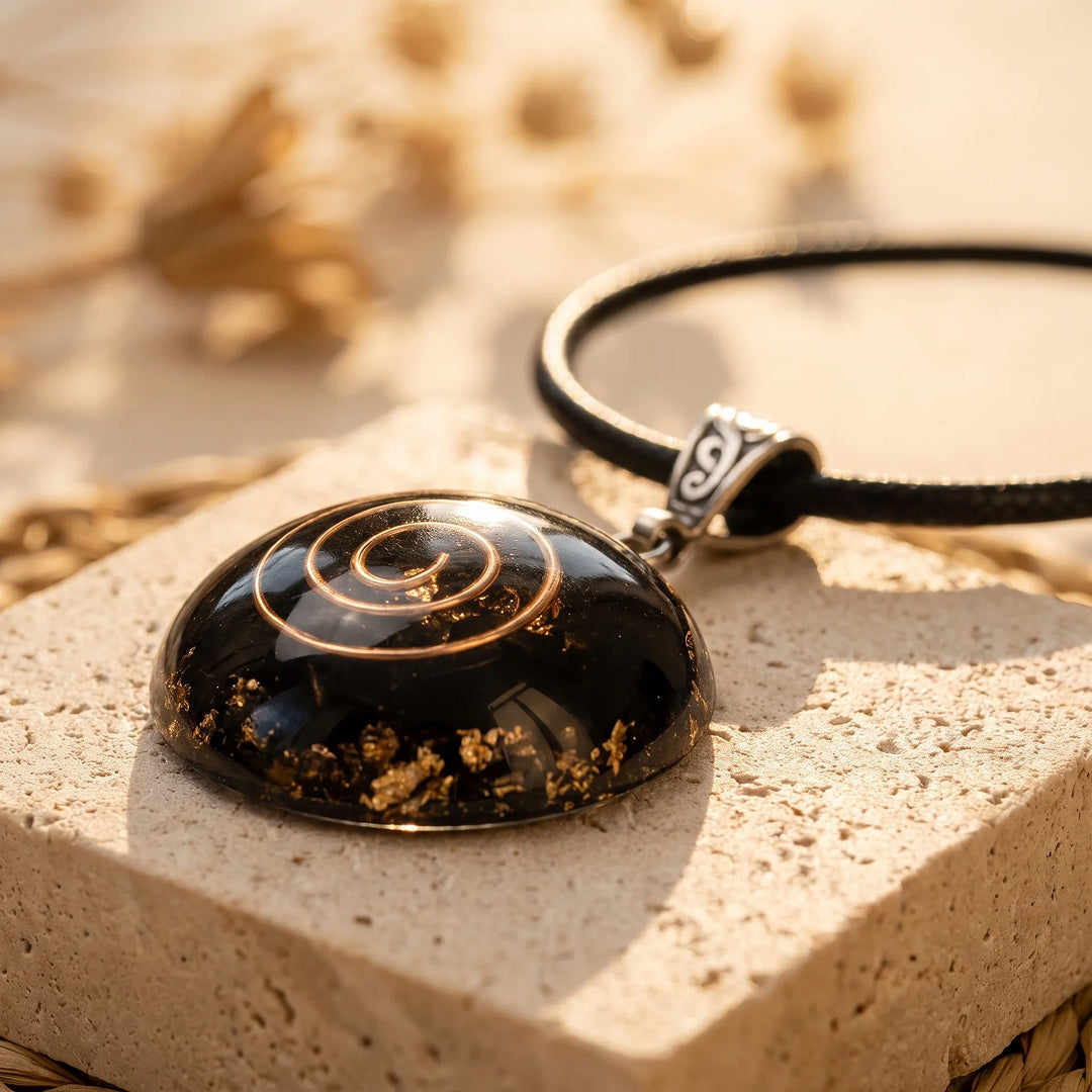 "Golden Spiral" Orgonite Pendant in Black Obsidian
