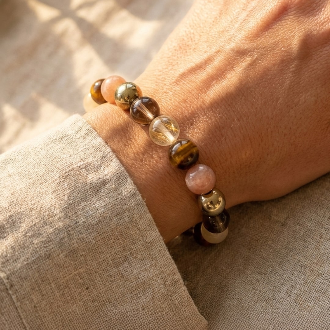 "Solar Energy" Bracelet in Smoky Quartz, Tiger's Eye & Golden Rutilated Quartz