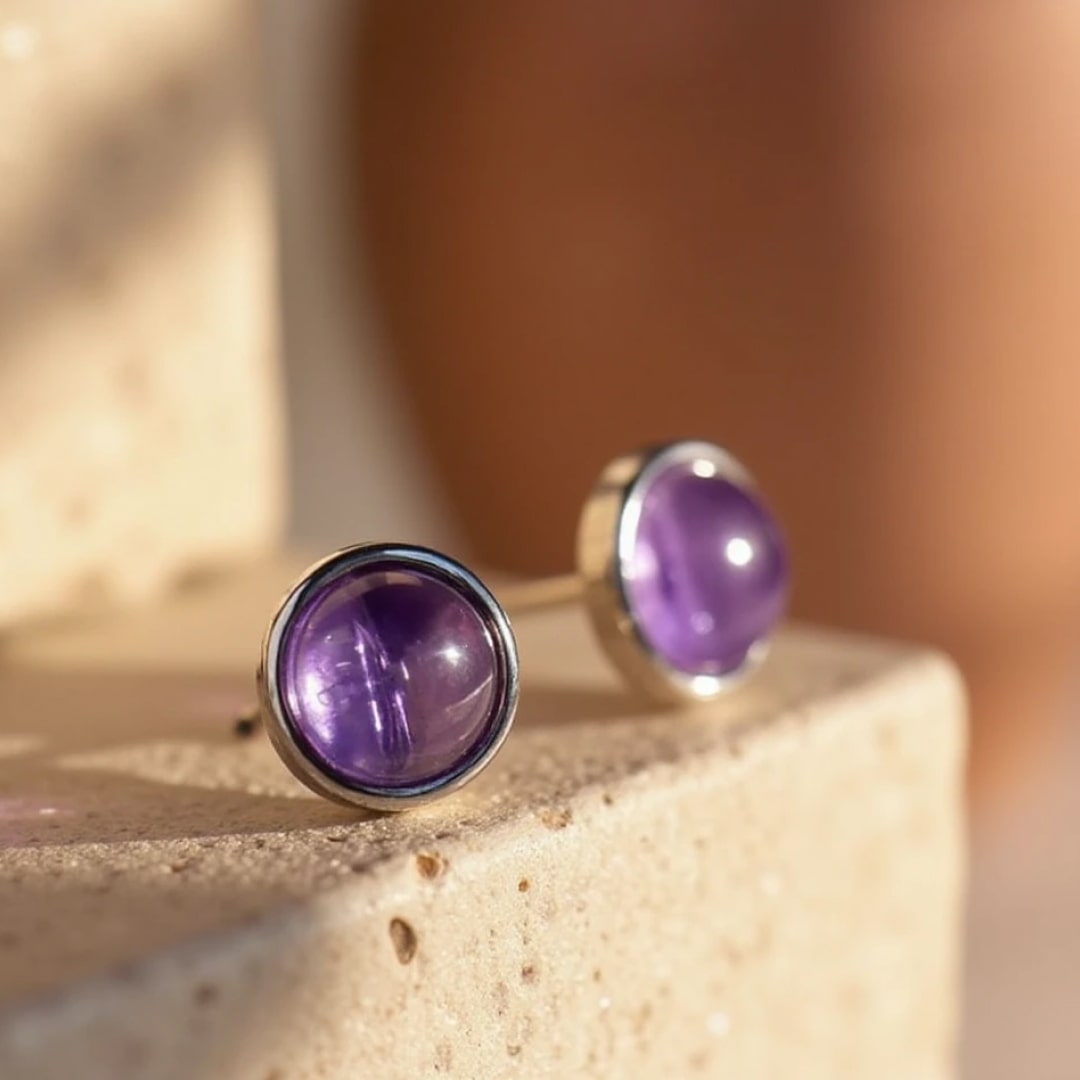 Stud Earrings in Amethyst & Silver-Tone Metal