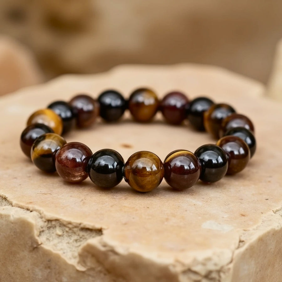 "Success & Protection" Bracelet in Tiger's Eye, Garnet, Tourmaline & Smoky Quartz