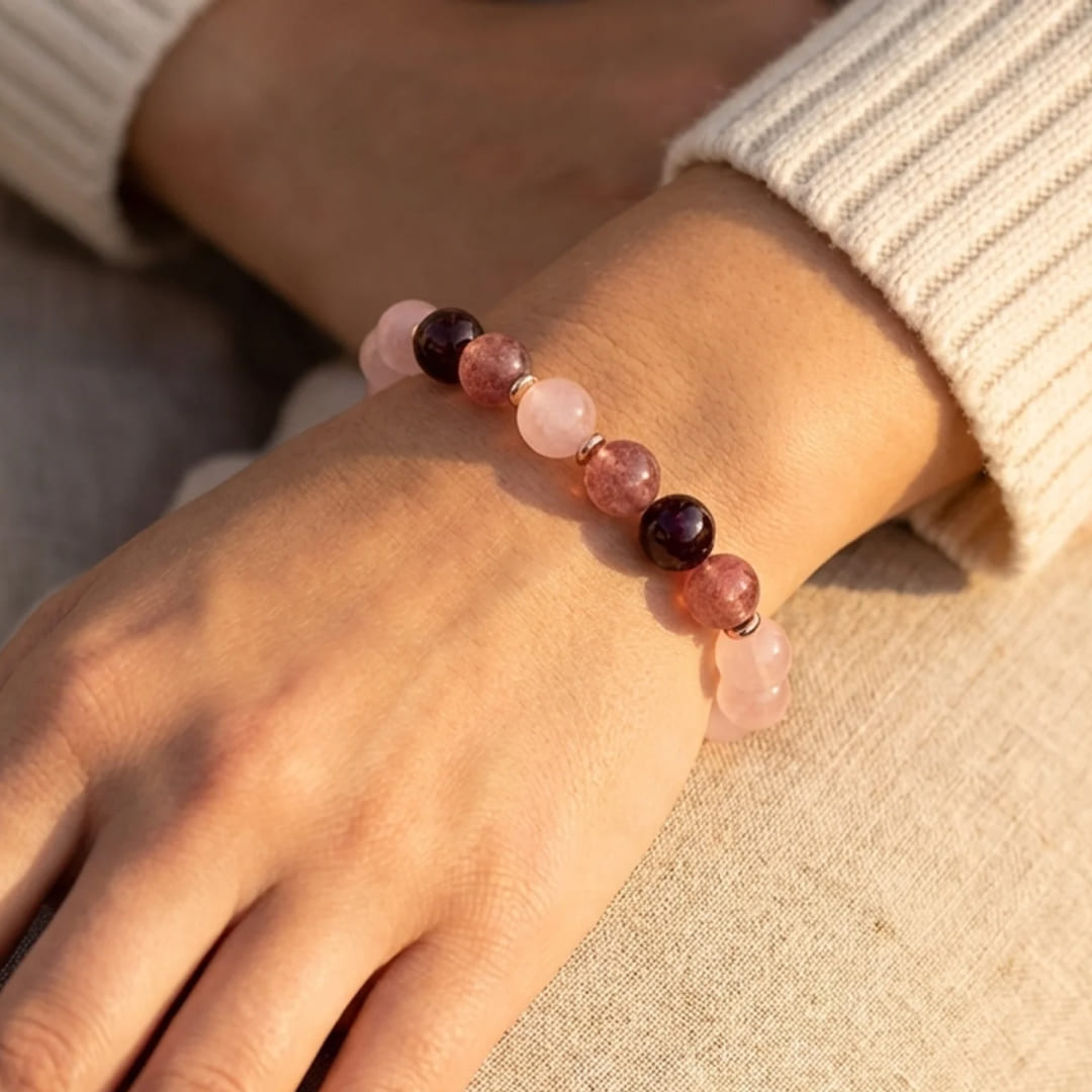 "Infinite Love" Bracelet in Rose Quartz, Garnet & Strawberry Quartz