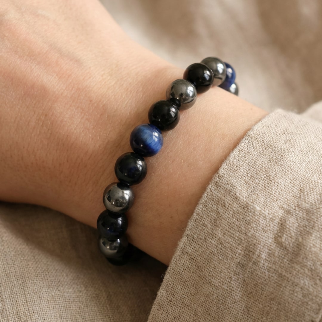 "Steady Course" Bracelet in Hematite, Black Tourmaline & Blue Tiger's Eye