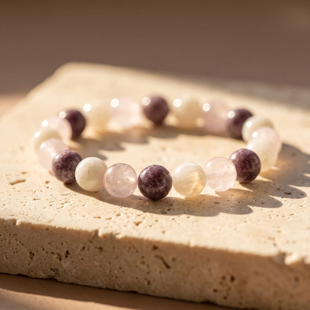 "Celestial Gentleness" Bracelet in Moonstone, Rose Quartz and Lepidolite