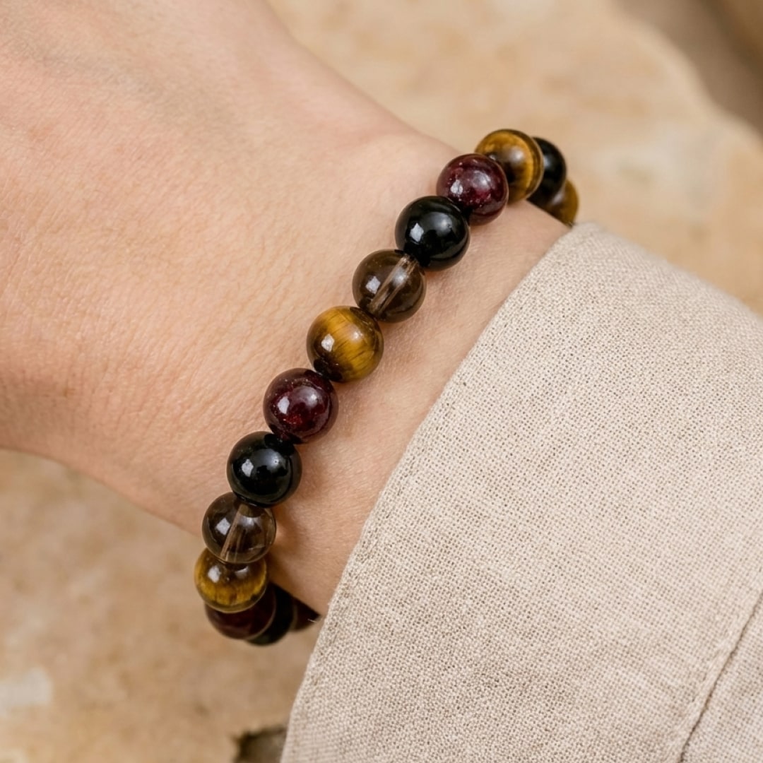 "Success & Protection" Bracelet in Tiger's Eye, Garnet, Tourmaline & Smoky Quartz