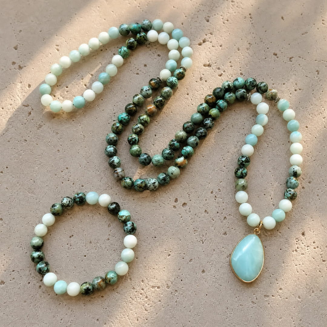 "Return to the Essential" Mala Necklace in Amazonite & African Turquoise