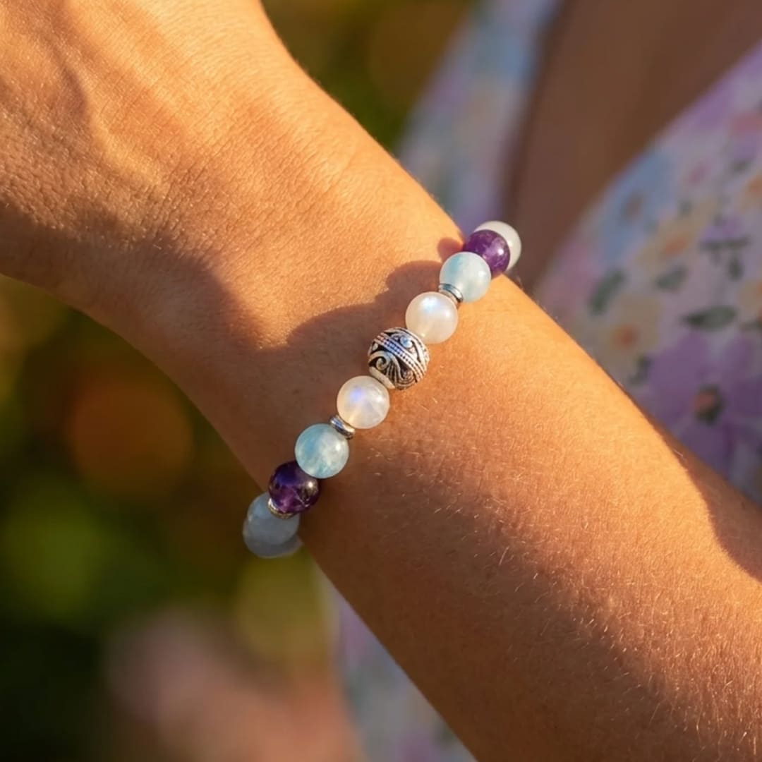 "Inner Balance" Premium Bracelet in Amethyst, Aquamarine & Moonstone