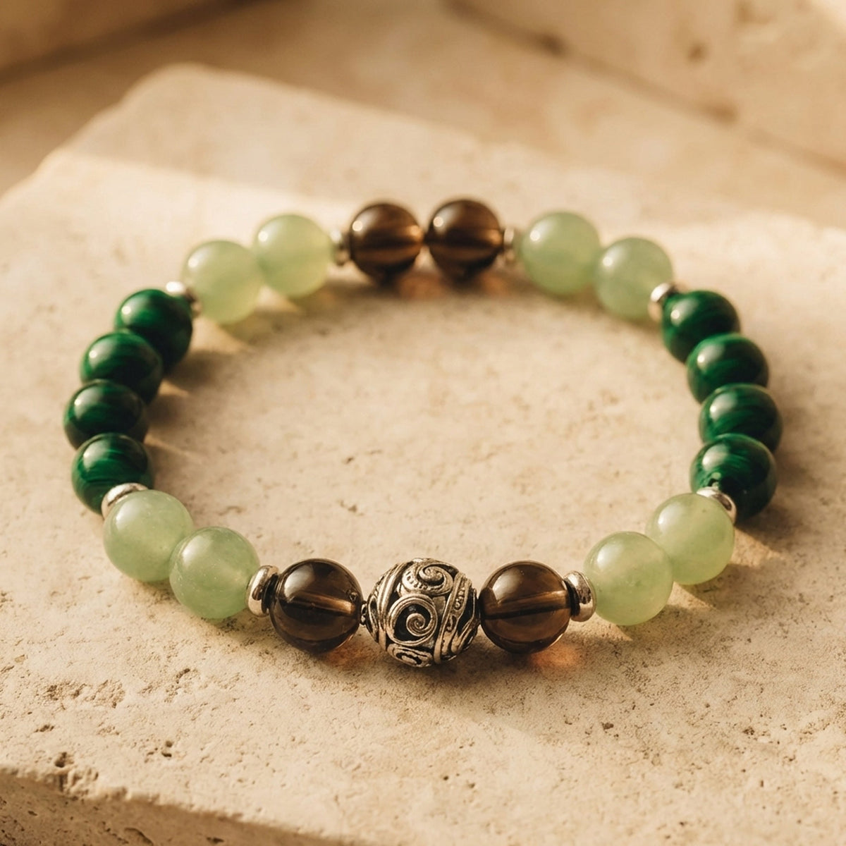 "Luck & Protection" Bracelet in Aventurine, Malachite & Smoky Quartz