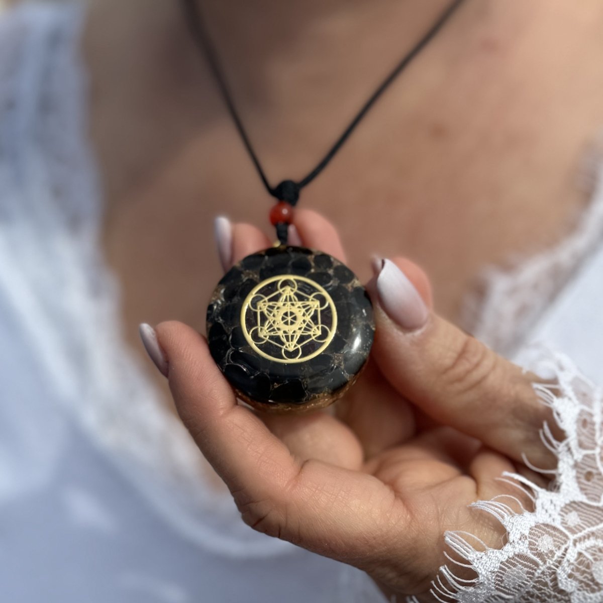"Thirteen Circles" Orgonite Pendant in Obsidian & Garnet