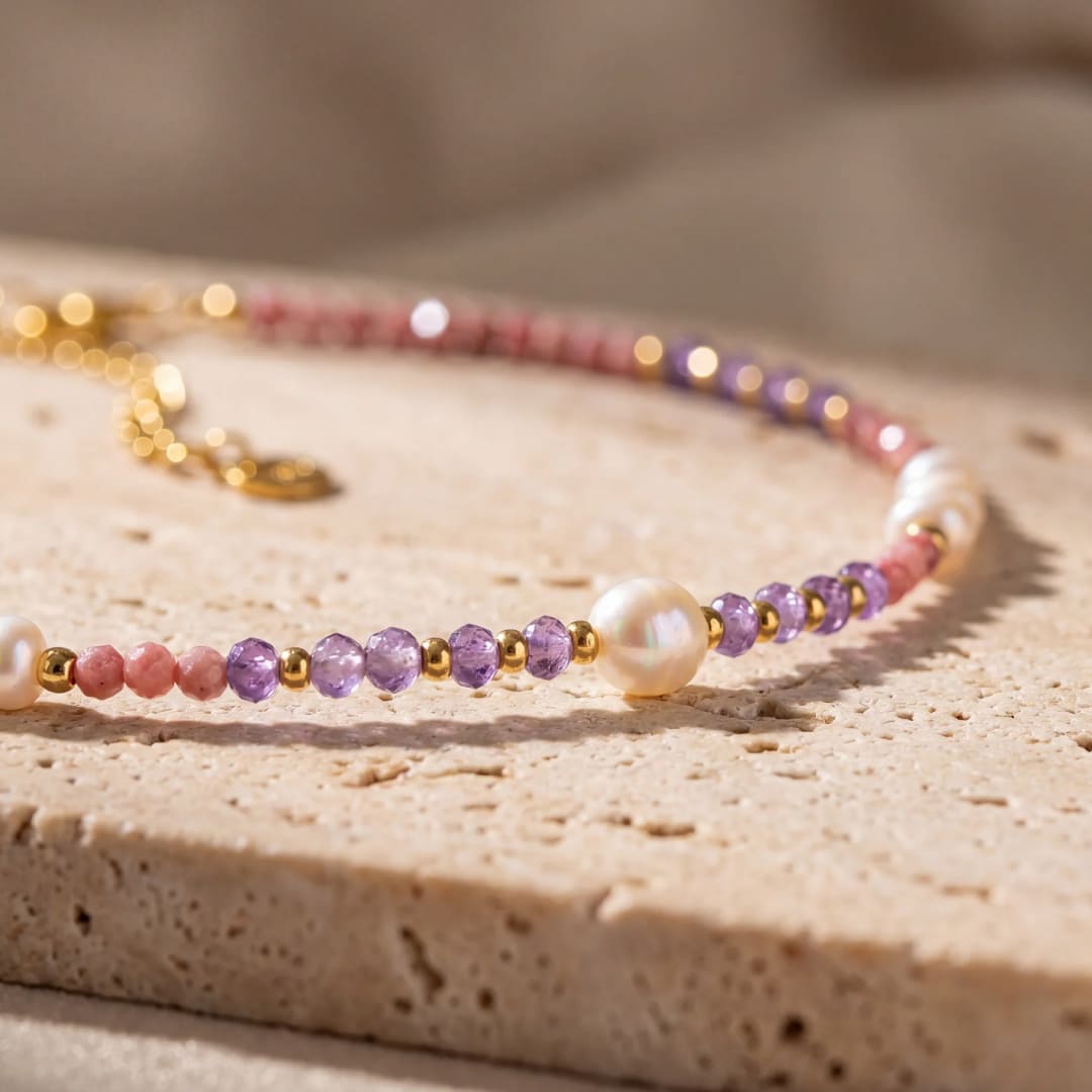 "Sparkle of Serenity" Necklace in Rhodonite, Amethyst & Freshwater Pearls