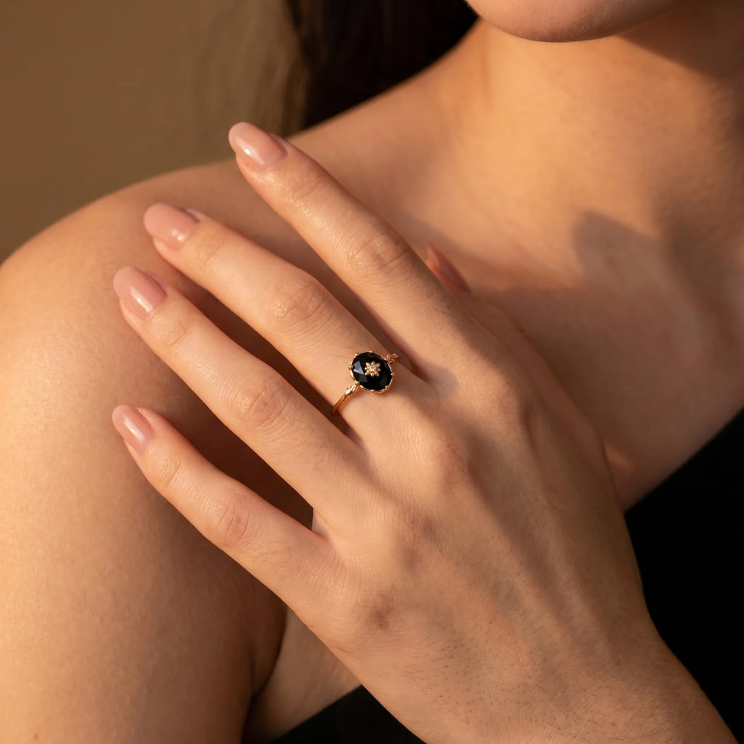 "Nocturnal Charm" Adjustable Ring in Black Agate