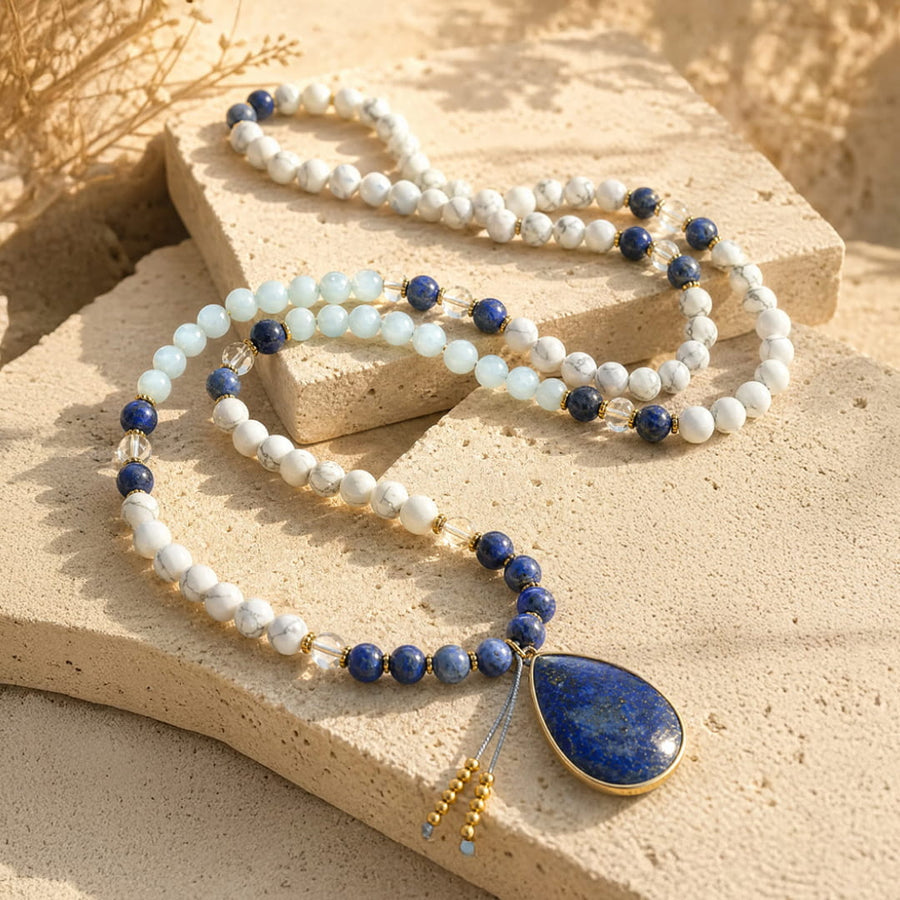 "Blue Serenity" Mala Necklace in Lapis Lazuli, Aquamarine & Howlite