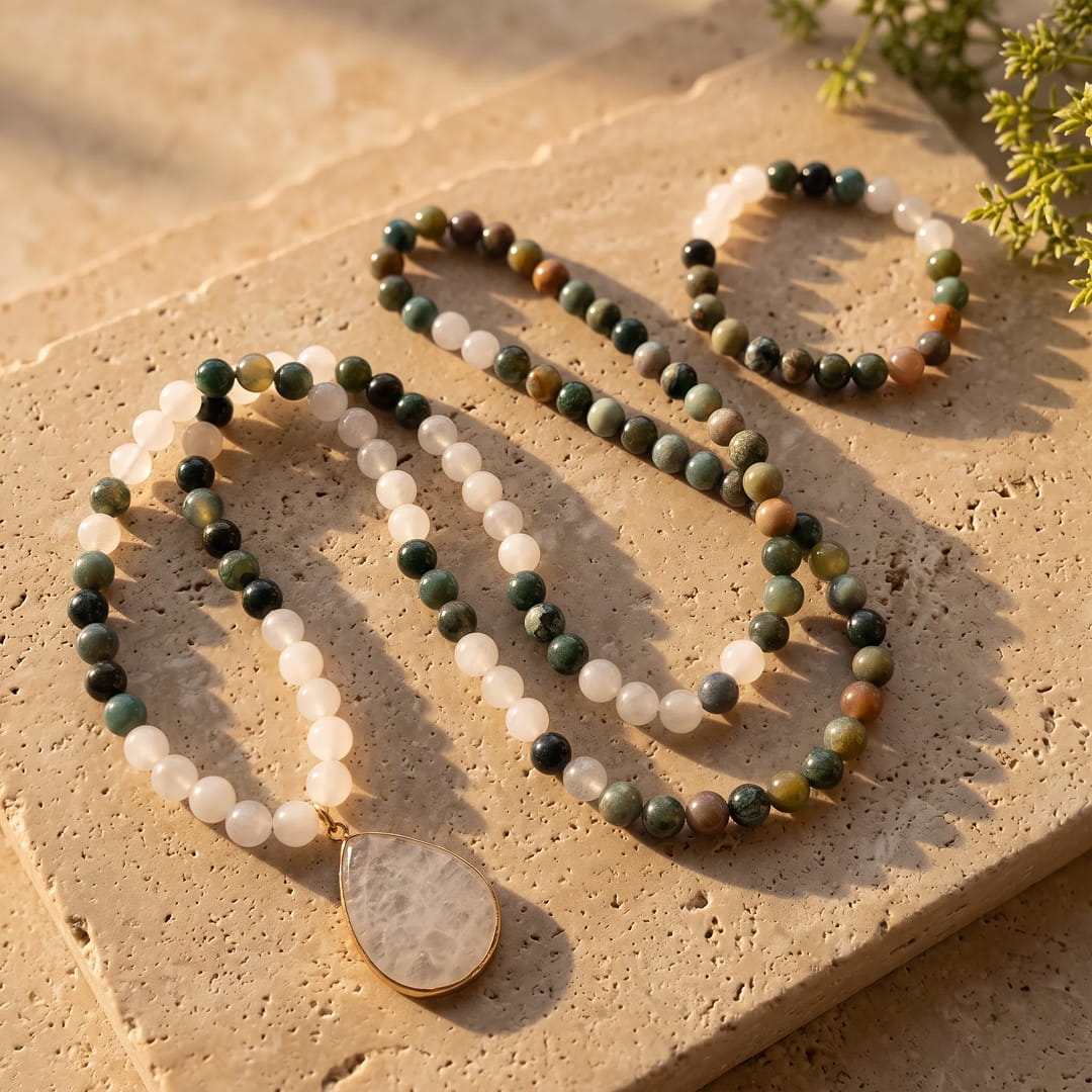 "Path of Light" Mala Necklace in Indian Agate & White Quartz