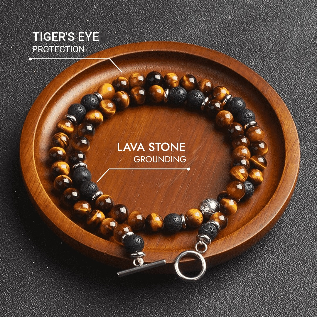 "Earth & Fire Energy" Necklace in Lava Stone & Tiger's Eye