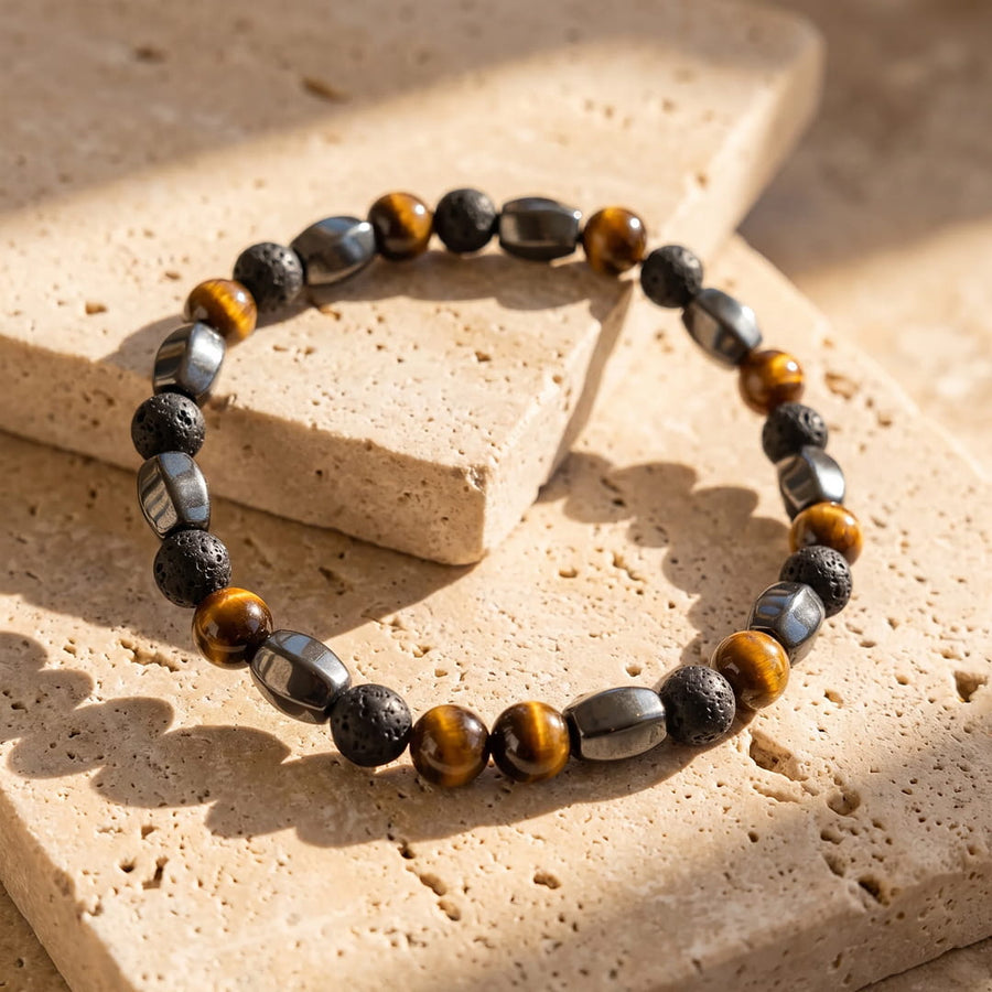 Triple Protection Bracelet in Lava Stone, Tiger's Eye & Hematite