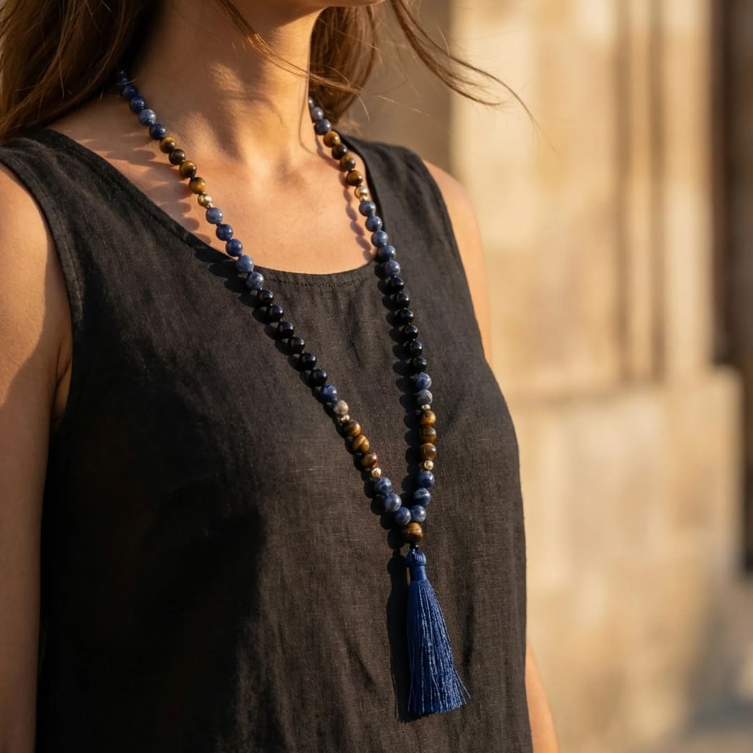 Mala Necklace in Sodalite, Tiger's Eye & Black Onyx
