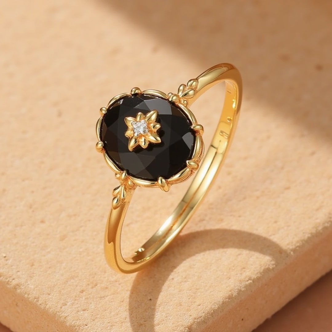 "Nocturnal Charm" Adjustable Ring in Black Agate