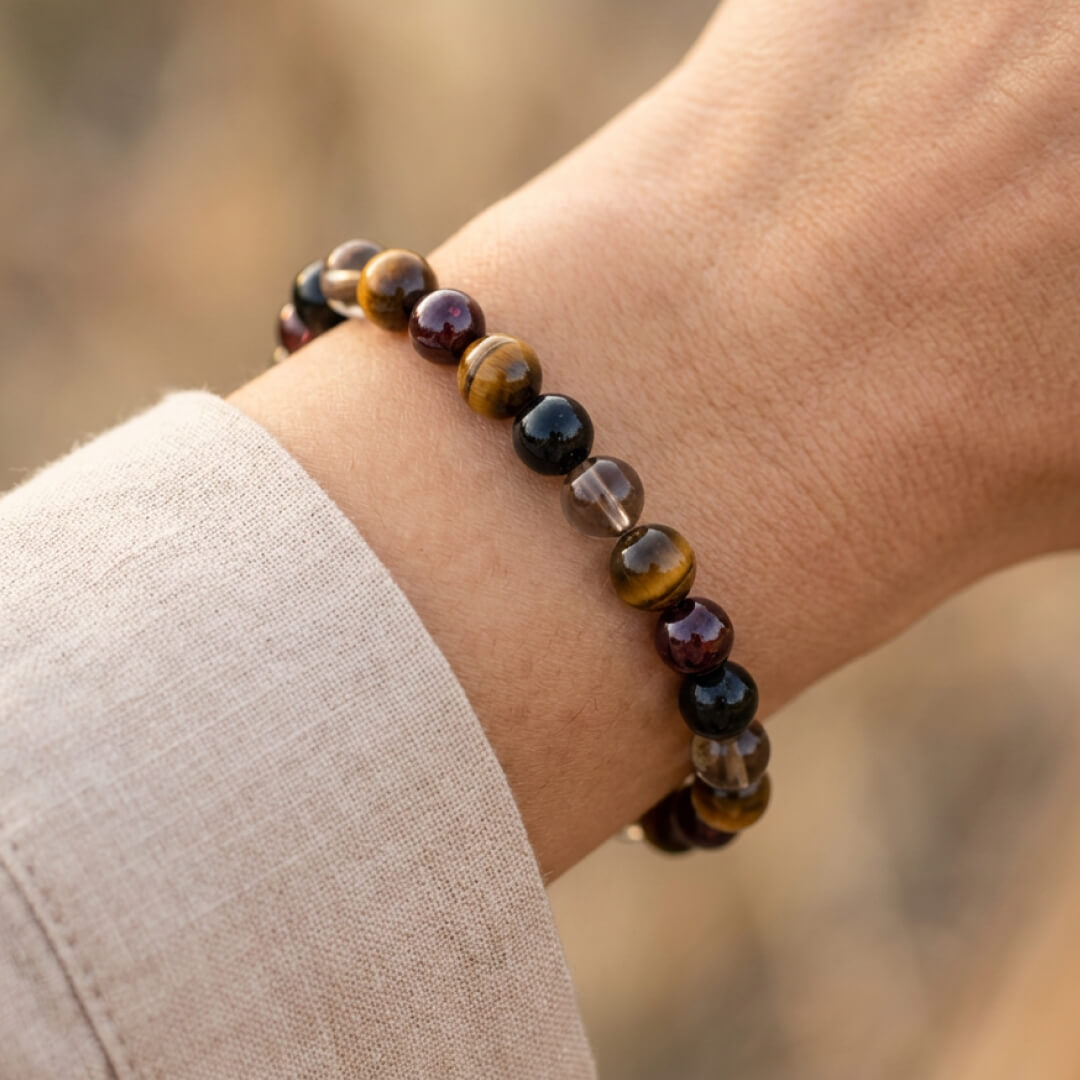 "Success & Protection" Bracelet in Tiger's Eye, Garnet, Tourmaline & Smoky Quartz