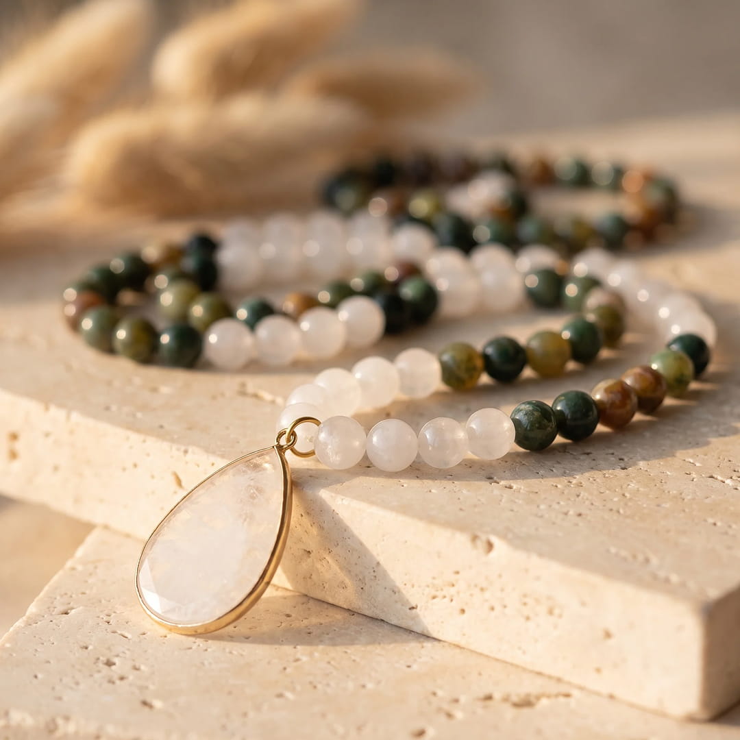 "Path of Light" Mala Necklace in Indian Agate & White Quartz