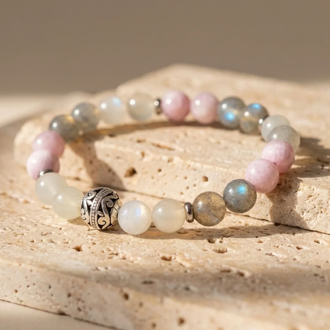 "Feminine Gentleness" Bracelet in Labradorite, Moonstone & Kunzite