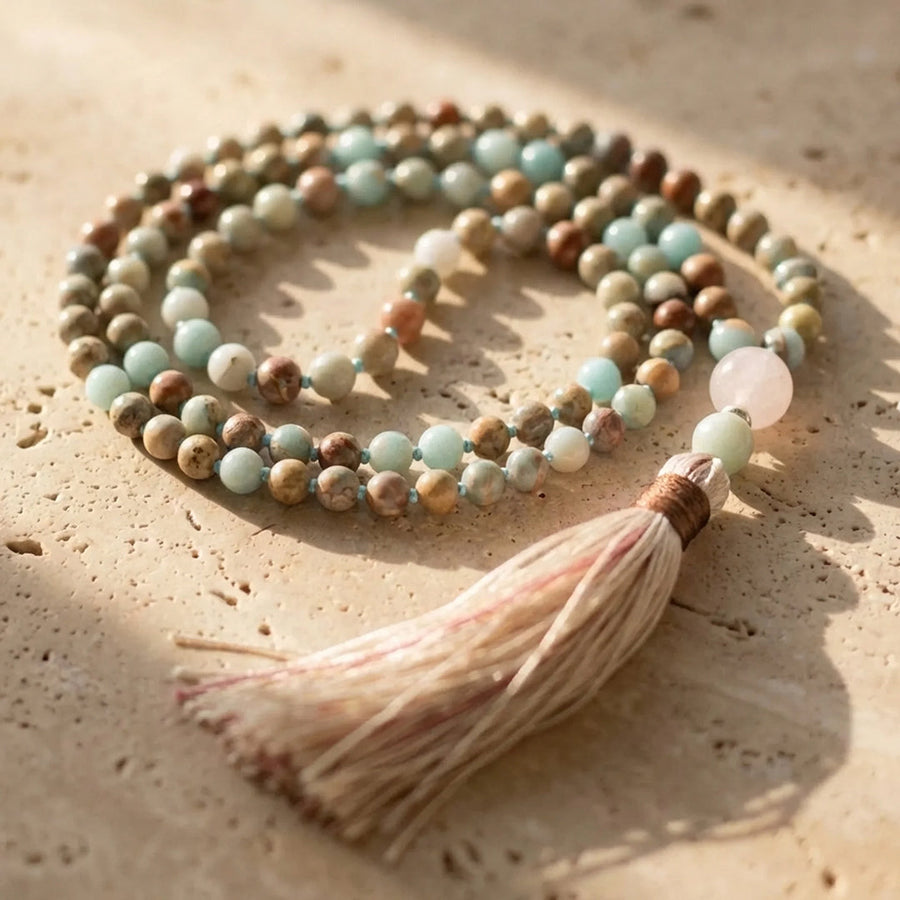 108-Bead Mala Necklace in Aqua Terra Jasper, Amazonite & Rose Quartz