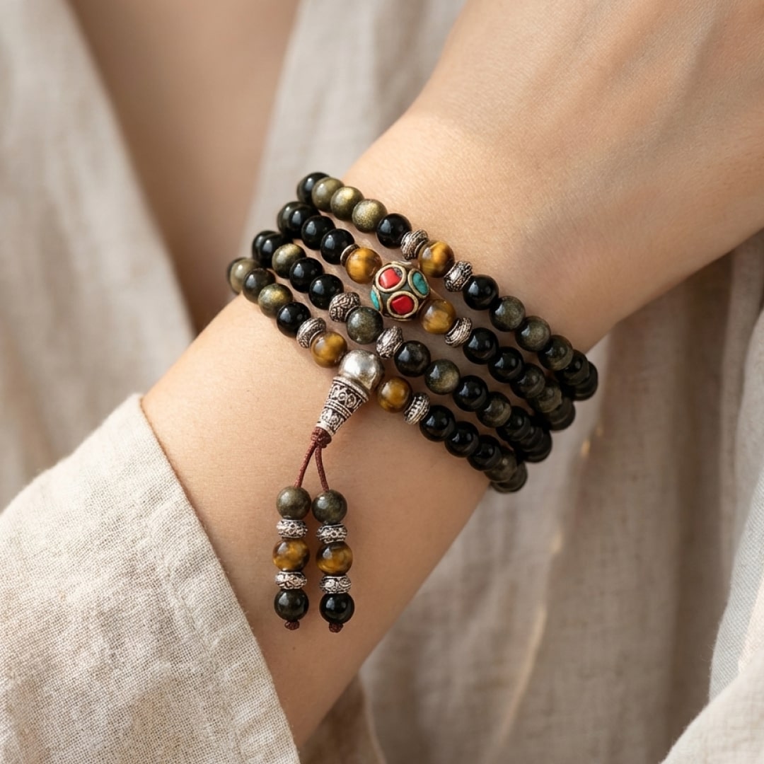 108-Bead Mala Bracelet in Black & Golden Obsidian