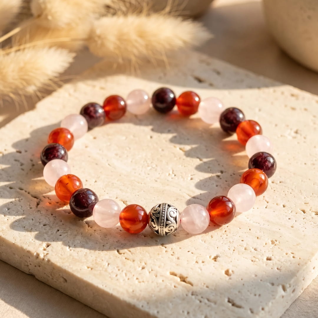 "Strength of the Heart" Premium Bracelet in Garnet, Rose Quartz & Carnelian