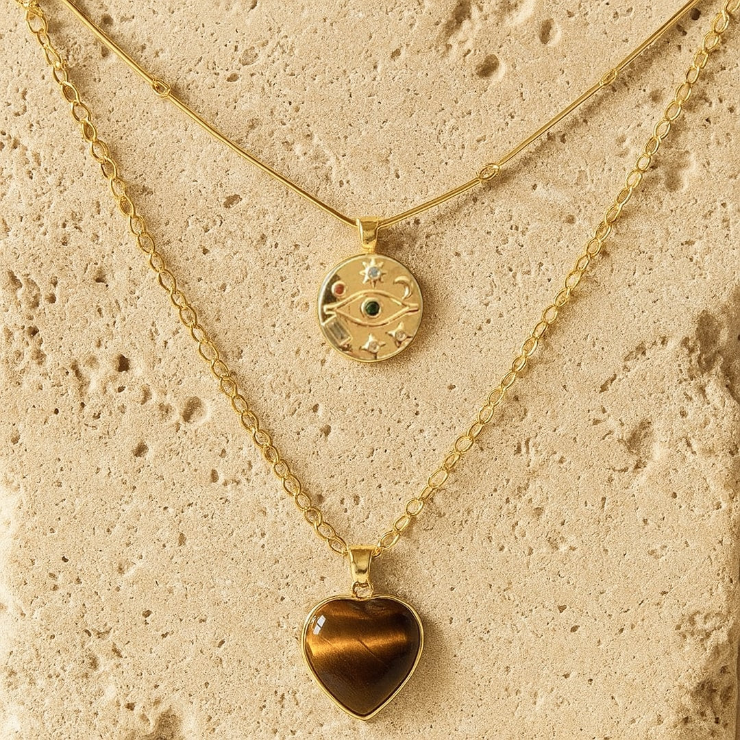 "Protective Heart" Double-Strand Necklace in Tiger's Eye
