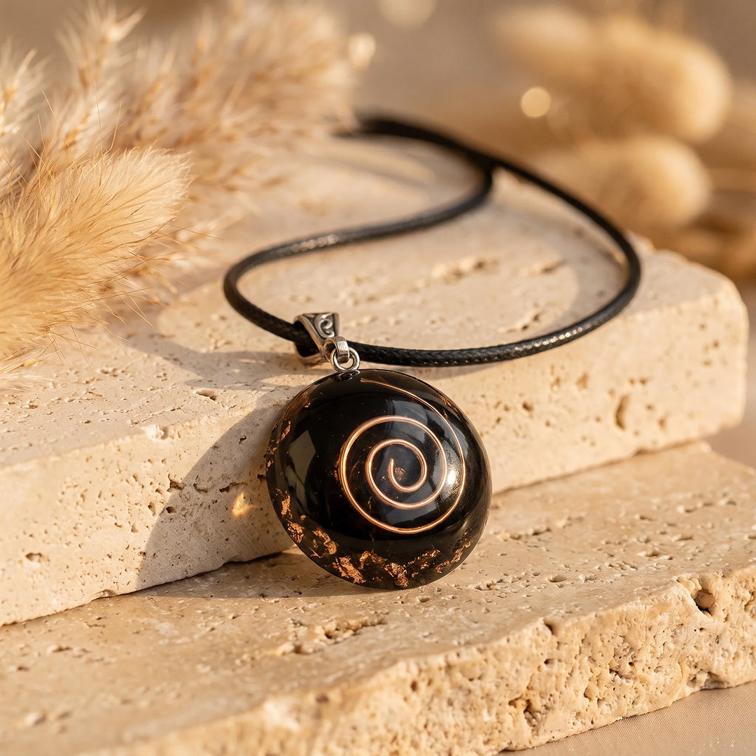 "Golden Spiral" Orgonite Pendant in Black Obsidian