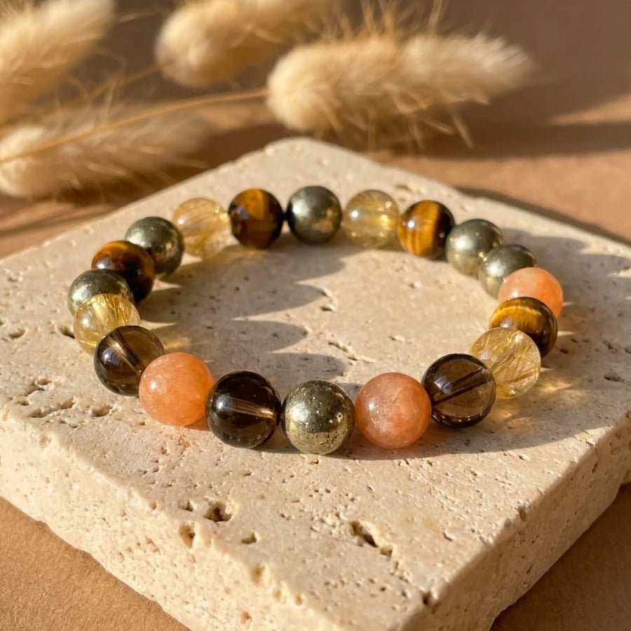 "Solar Energy" Bracelet in Smoky Quartz, Tiger's Eye & Golden Rutilated Quartz