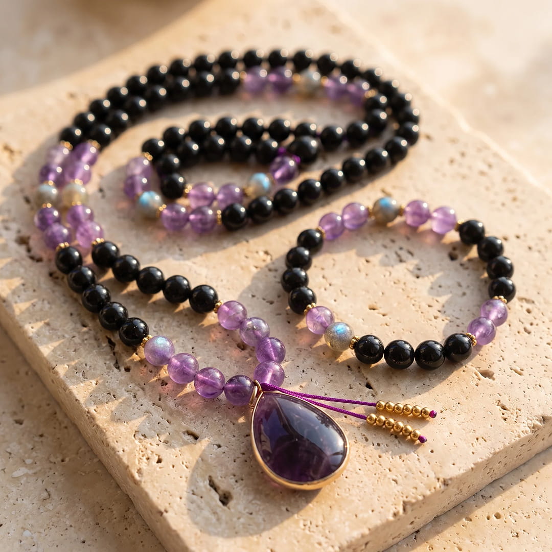 "Inner Guardian" Mala Necklace in Tourmaline, Amethyst & Labradorite