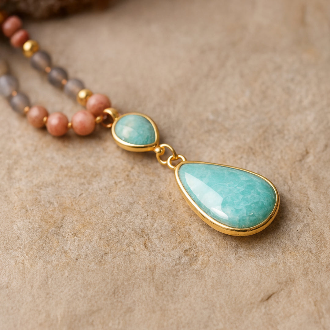 Ethnic Necklace in Turquoise, Amazonite, Rose Quartz & Rhodonite