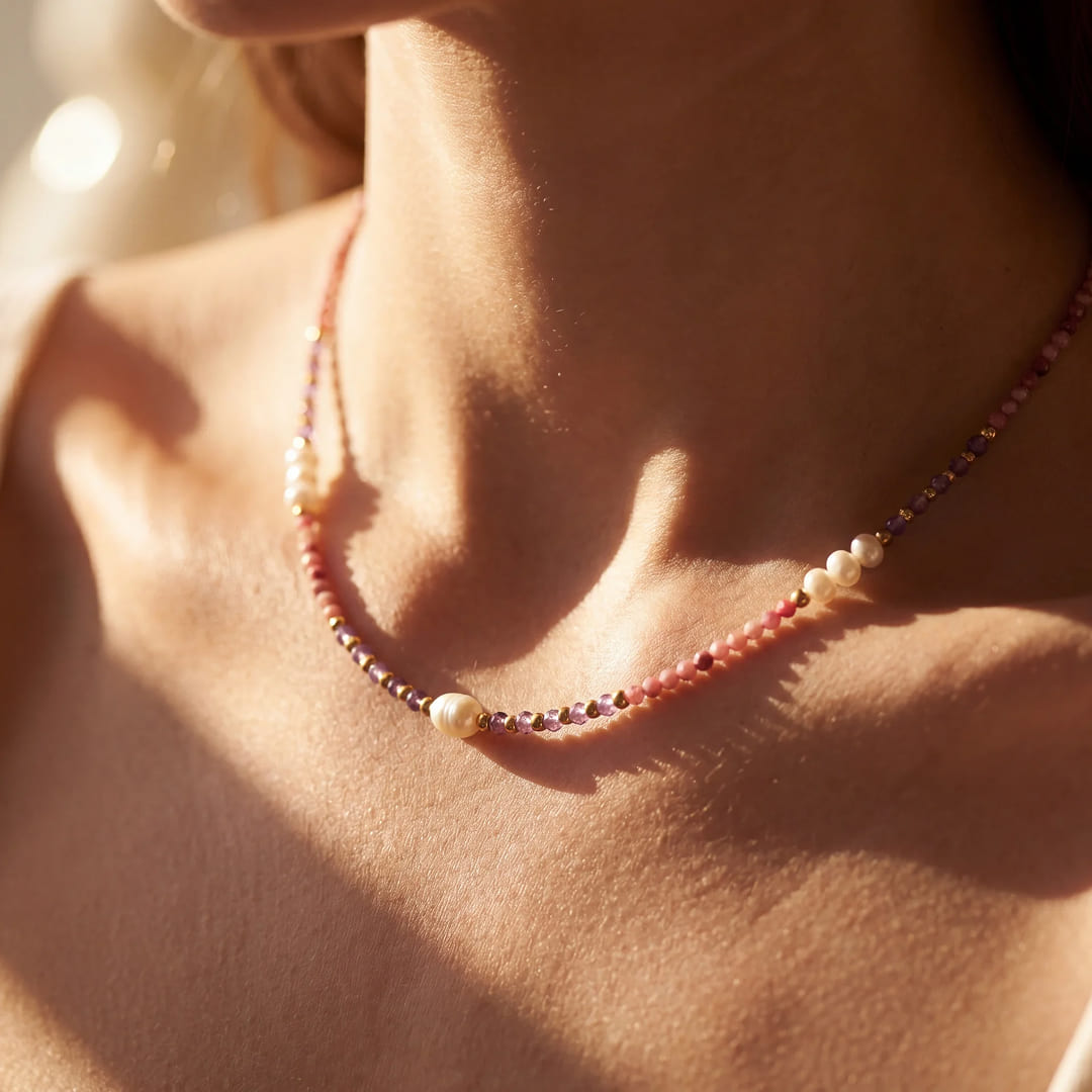 "Sparkle of Serenity" Necklace in Rhodonite, Amethyst & Freshwater Pearls