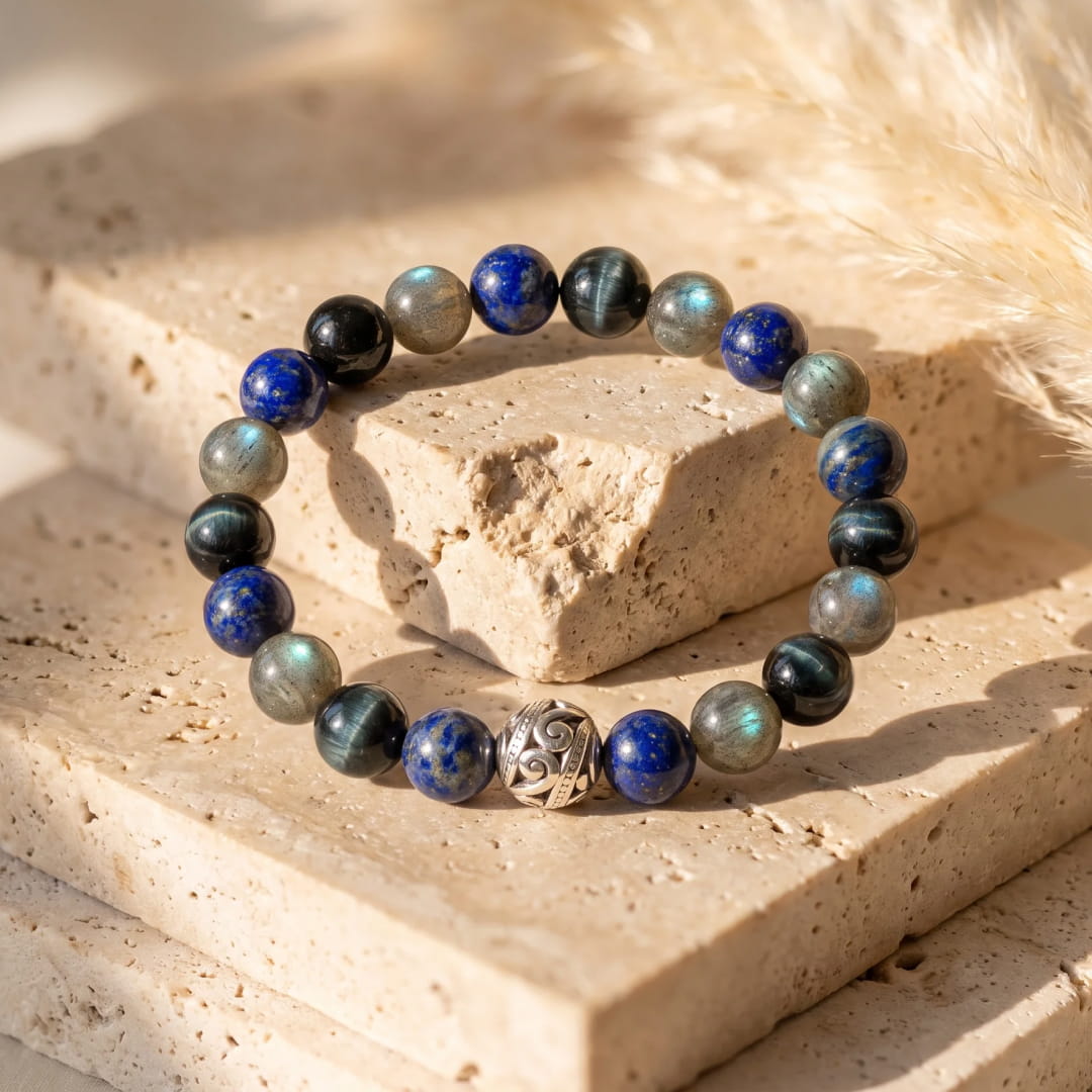 "Inner Compass" Bracelet in Lapis Lazuli, Labradorite & Hawk's Eye