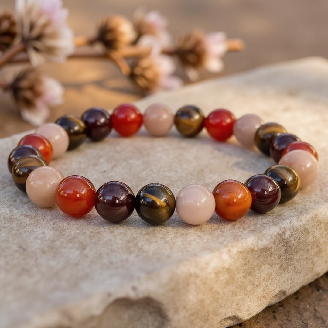 "Luck & Joy" Bracelet in Tiger's Eye, Sunstone, Carnelian & Garnet