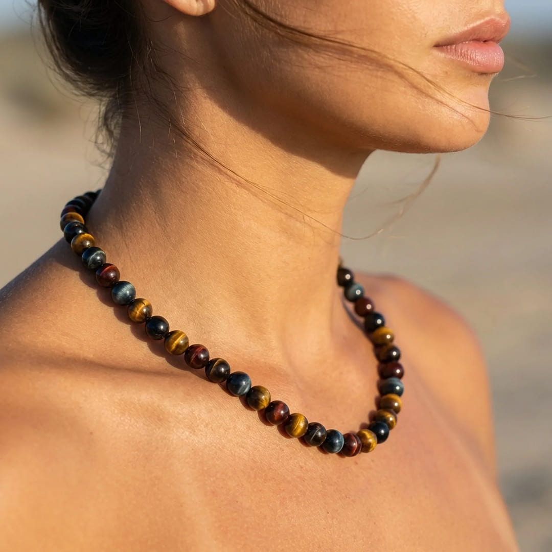 "Multiple Eye" Necklace in Tiger's Eye, Hawk's Eye & Bull's Eye
