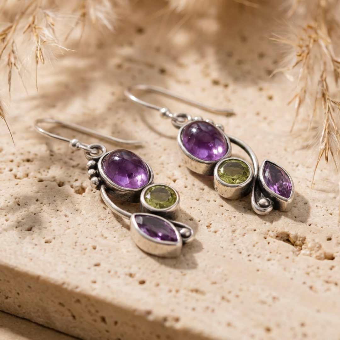 "Cascade of Serenity" Earrings in Amethyst & Peridot