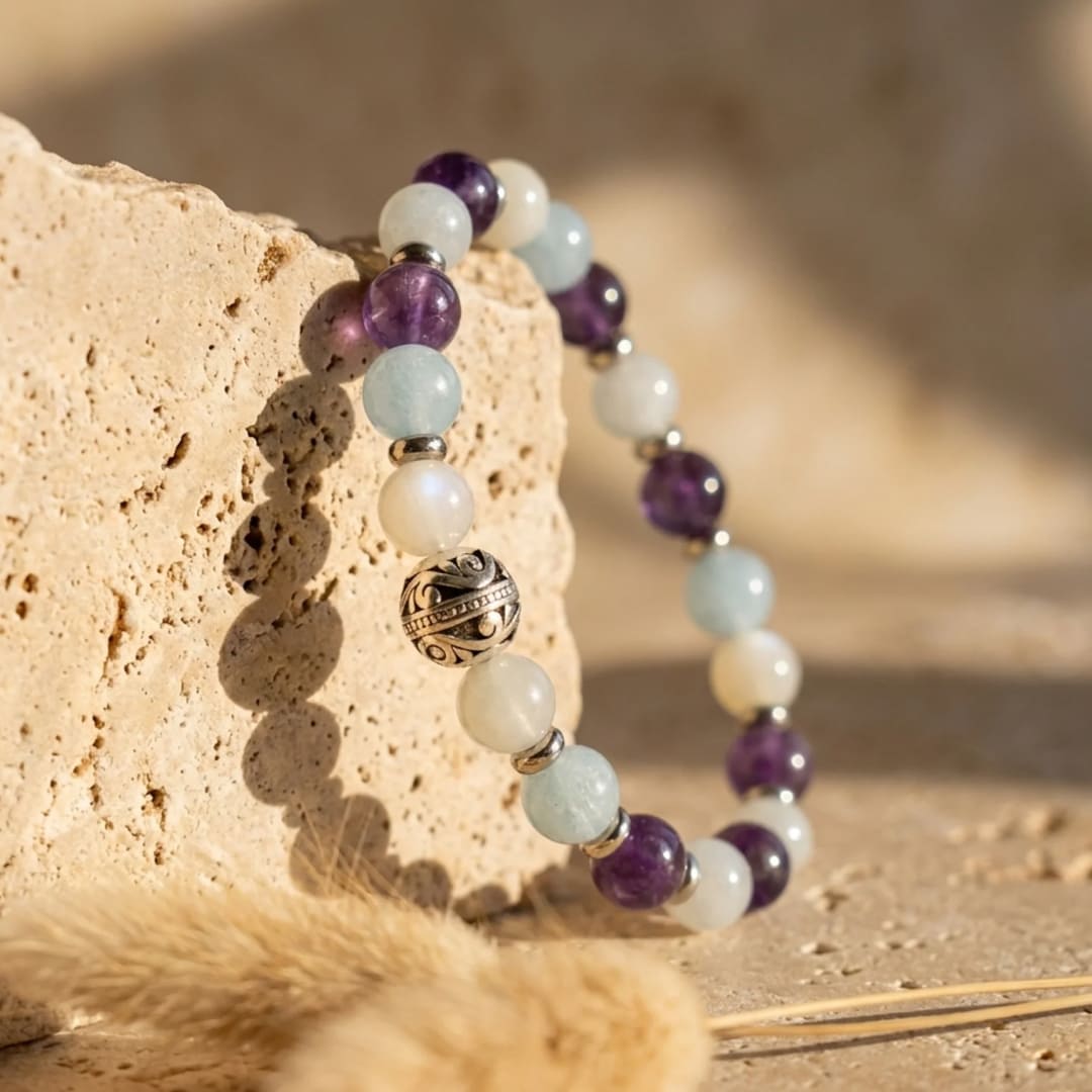 "Inner Balance" Premium Bracelet in Amethyst, Aquamarine & Moonstone