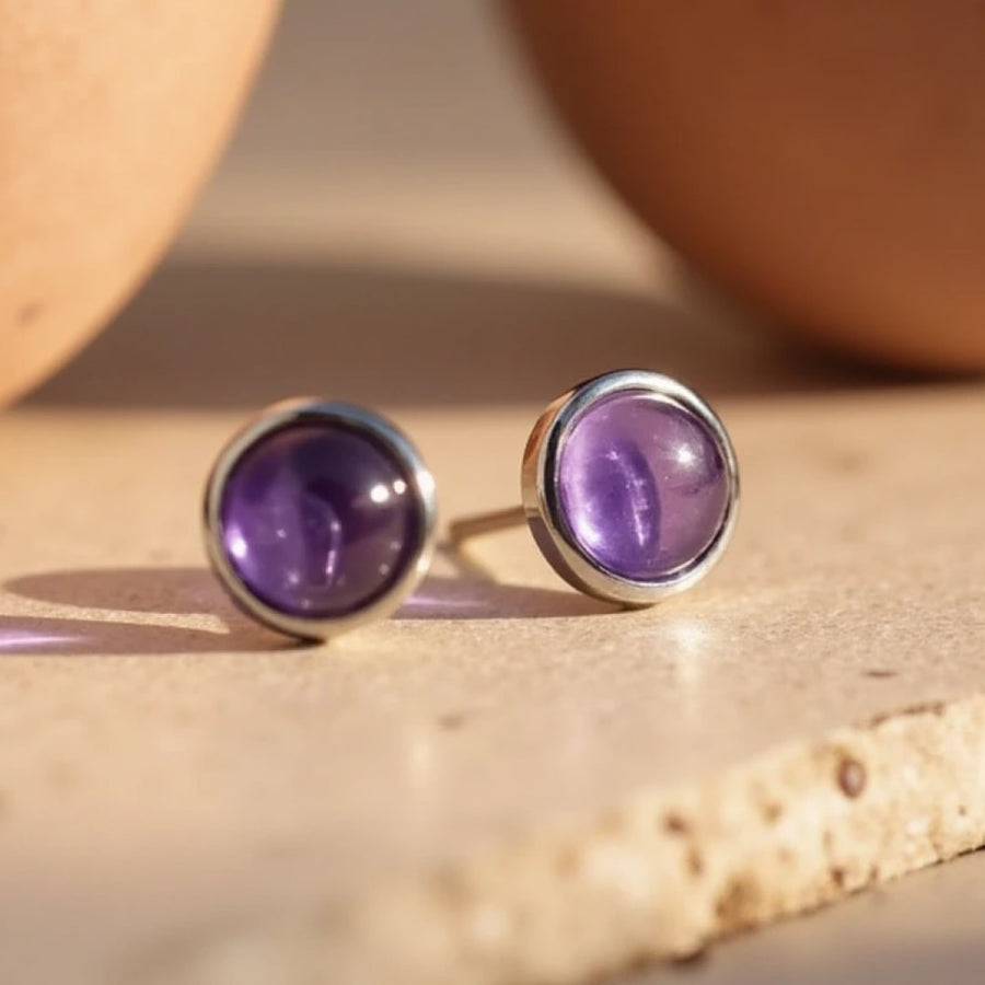 Stud Earrings in Amethyst & Silver-Tone Metal