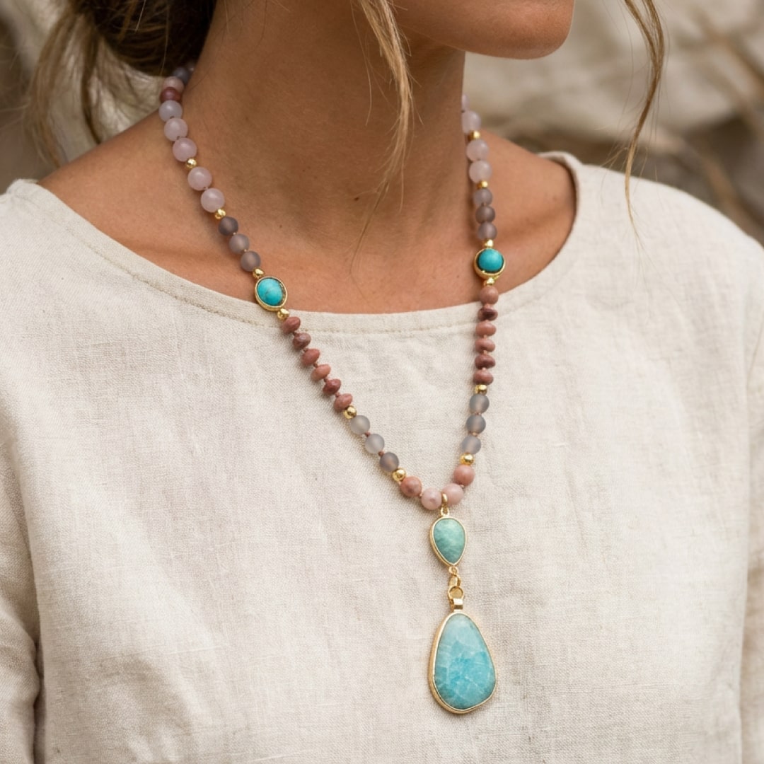 Ethnic Necklace in Turquoise, Amazonite, Rose Quartz & Rhodonite
