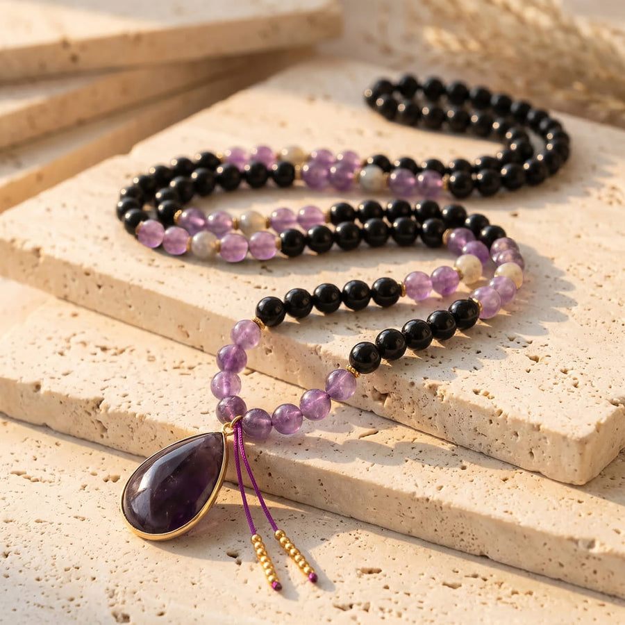 "Inner Guardian" Mala Necklace in Tourmaline, Amethyst & Labradorite