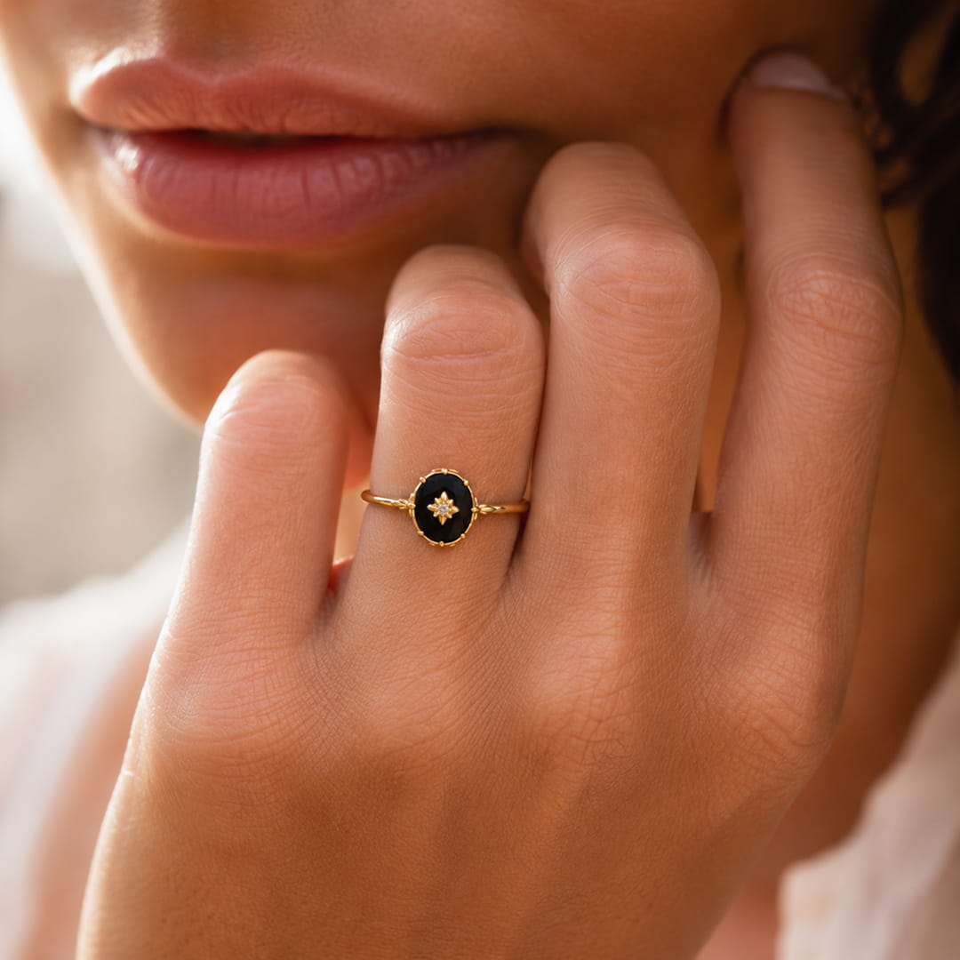 "Nocturnal Charm" Adjustable Ring in Black Agate