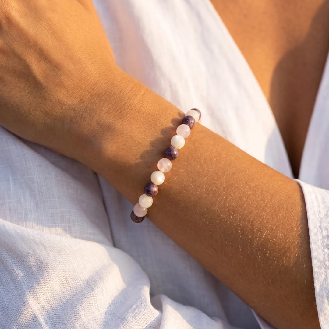 "Celestial Gentleness" Bracelet in Moonstone, Rose Quartz and Lepidolite