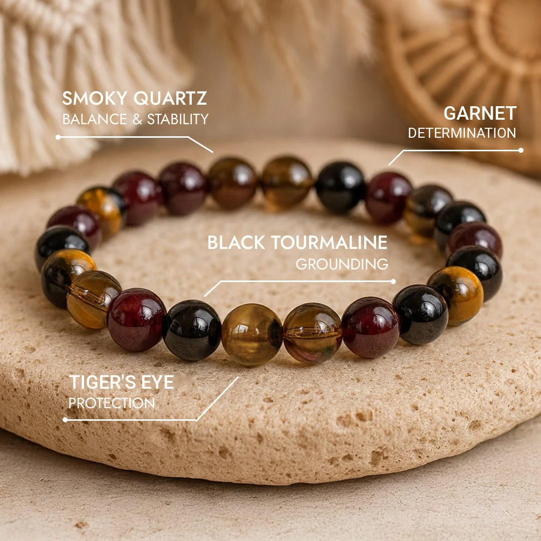 "Success & Protection" Bracelet in Tiger's Eye, Garnet, Tourmaline & Smoky Quartz