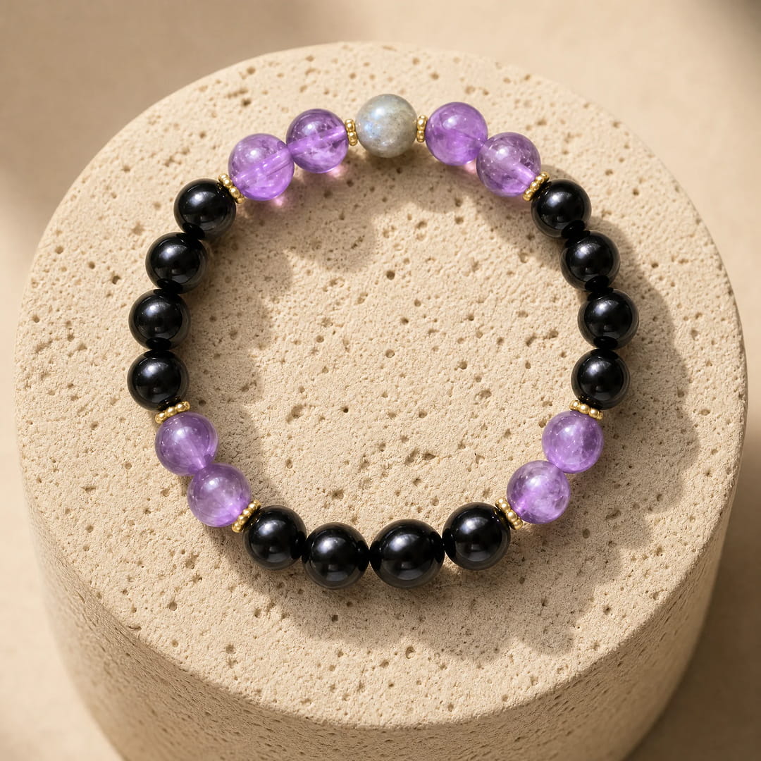 "Inner Guardian" Mala Necklace in Tourmaline, Amethyst & Labradorite
