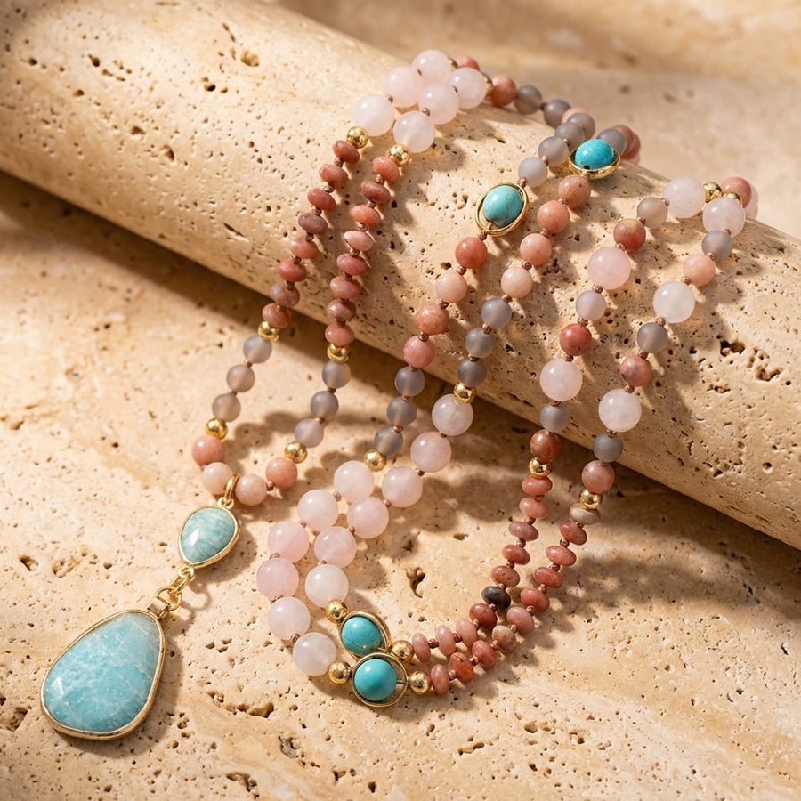 Ethnic Necklace in Turquoise, Amazonite, Rose Quartz & Rhodonite